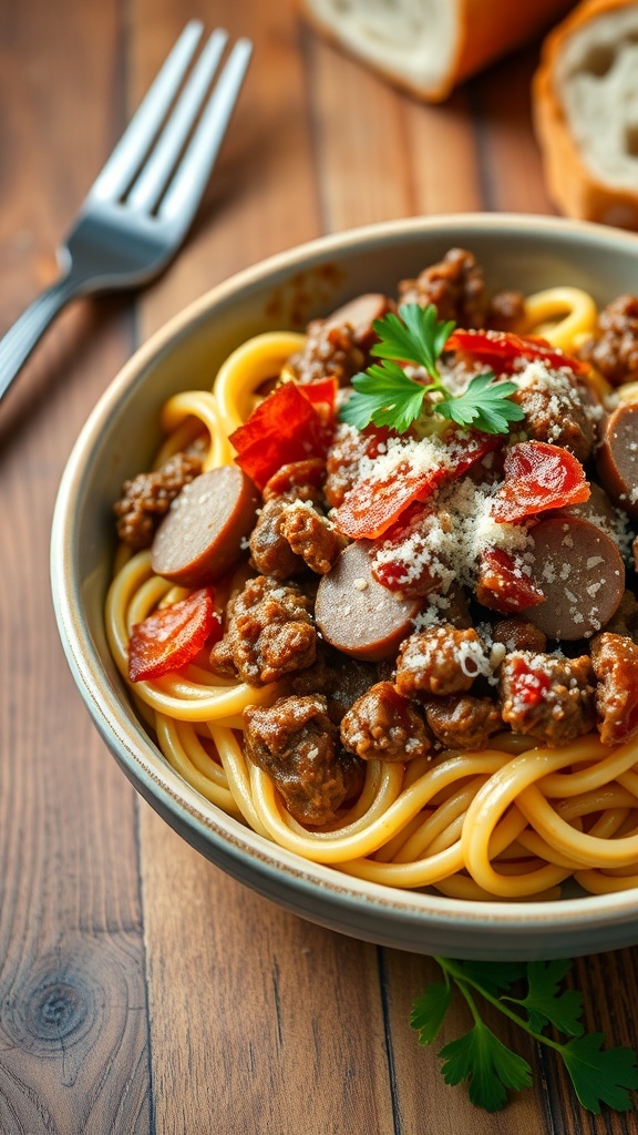Carnivore Pasta Recipe A bowl of carnivore pasta with ground beef, sausage, and bacon, garnished with Parmesan and parsley on a wooden table.